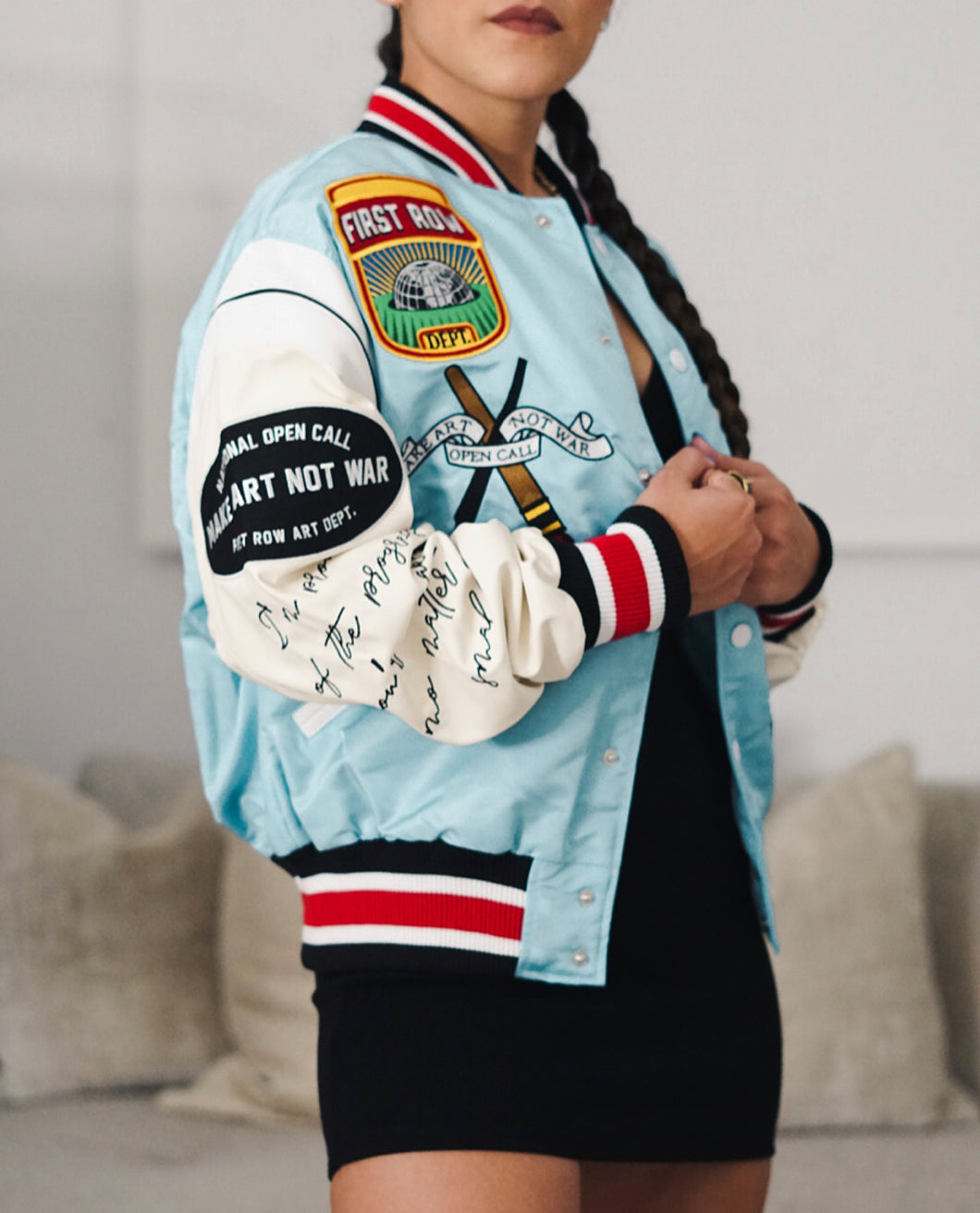 Women's Baby Blue Satin Bomber Varsity Jacket