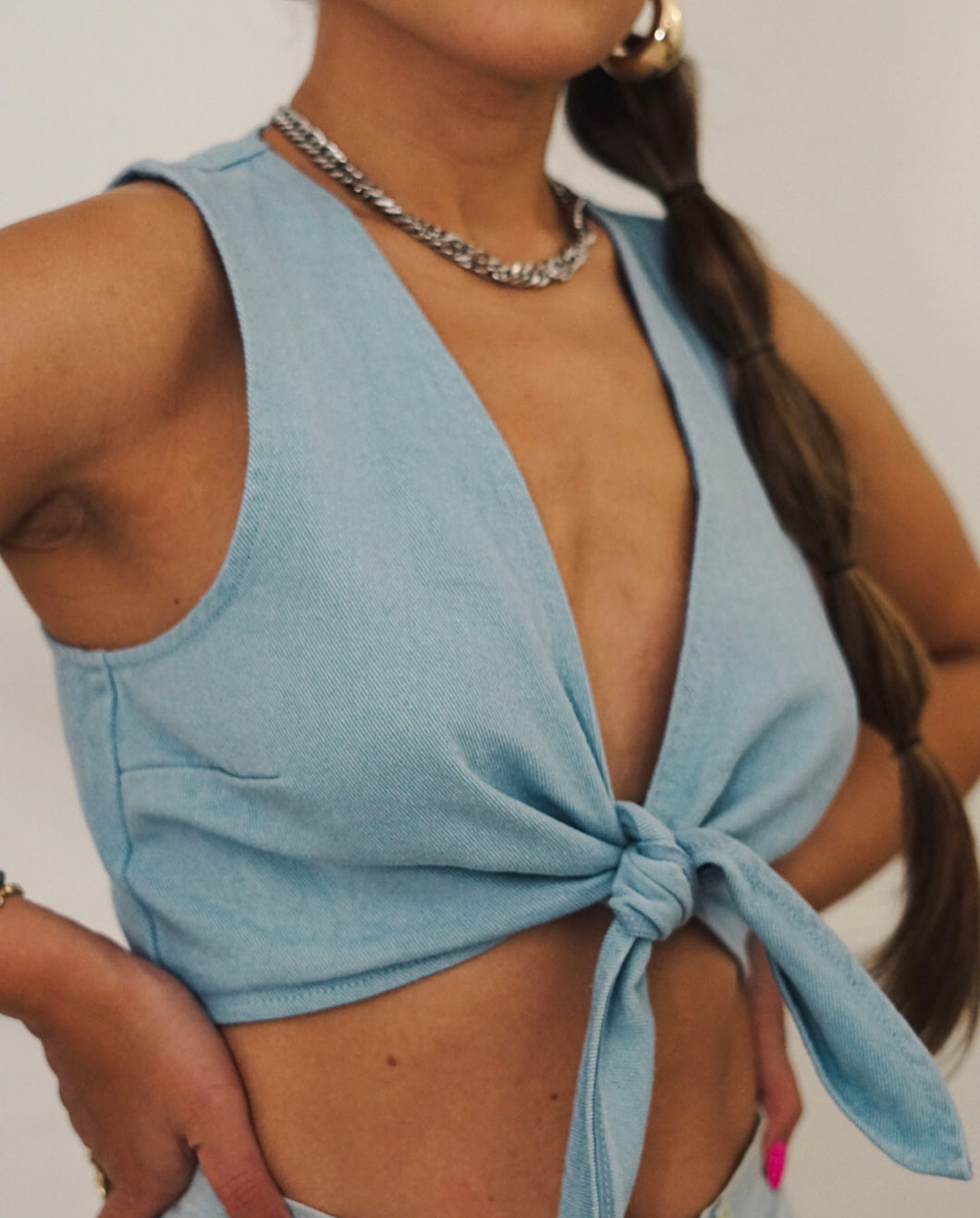 Denim front tie crop top
